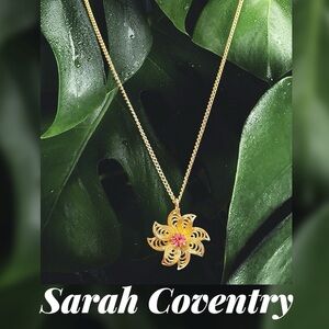 Sarah Coventry Gold Floral Pendant Necklace with Pink Center Stone